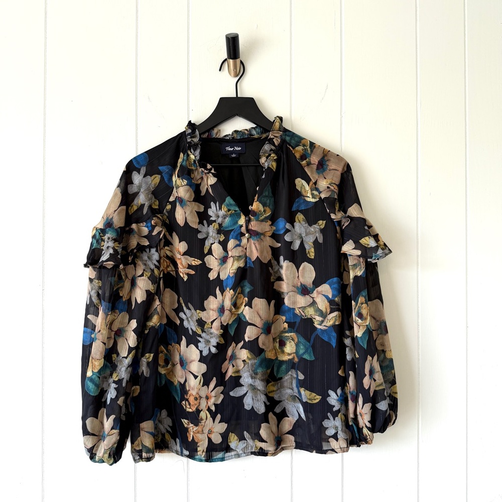 Fleur Noir Black, Cream, Blue Floral Ruffle Blouse with Metallic Threading